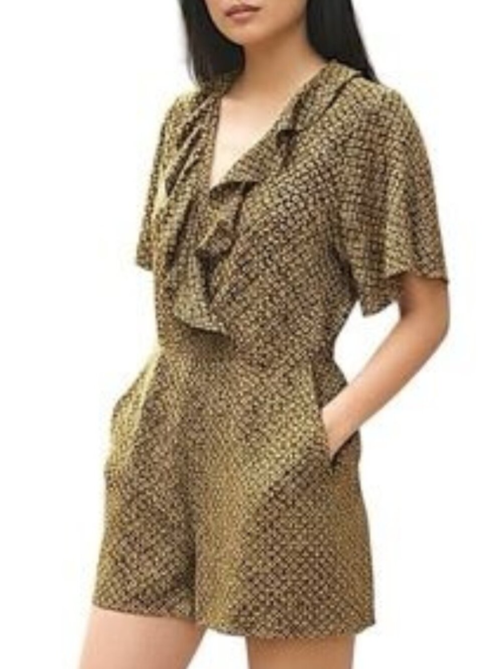 Cotton On Women's Yellow Black Geometric Pattern Romper Ruffled Neckline Pockets